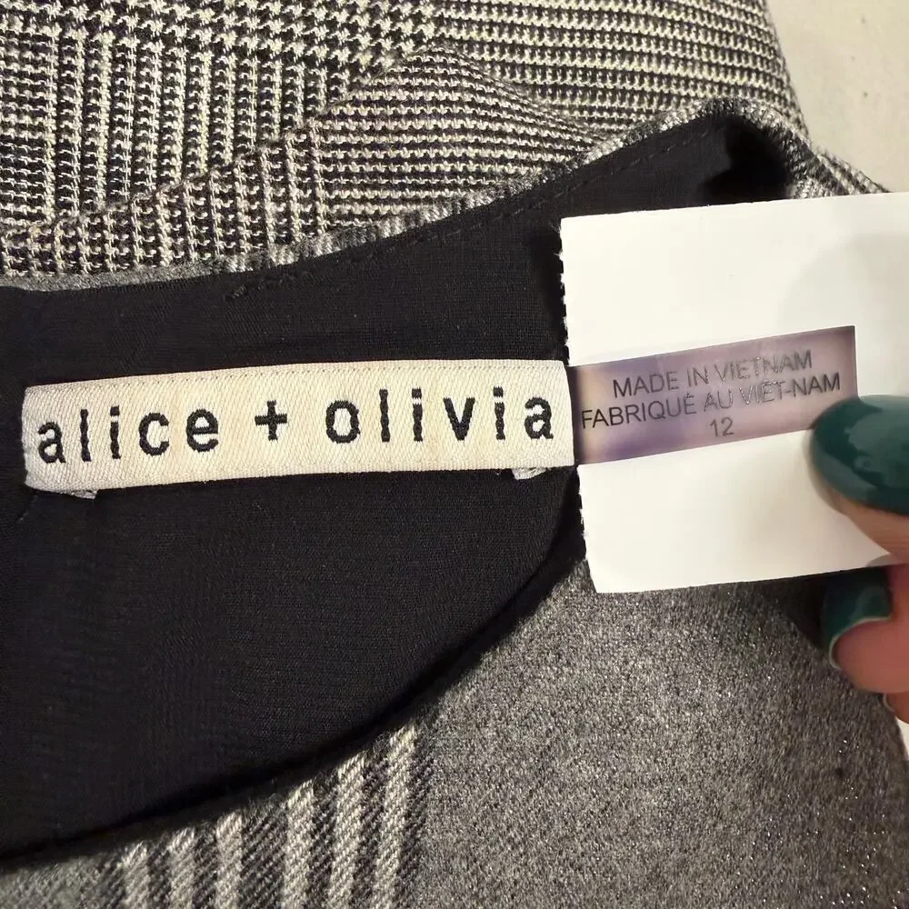Alice + Olivia Coley Plaid Patchwork Mini Shift Dress Grey Wool Blend Size 12